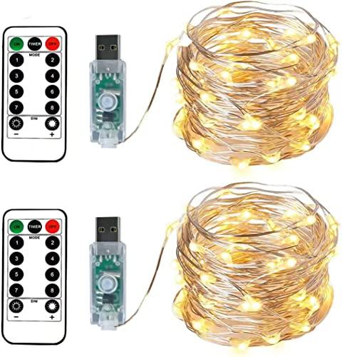 BXROIU 2 X100LEDs Luci a Stringa su 10metri Micro Filo d'argento,Spina USB con Telecomando 8 programma (Bianco Caldo)