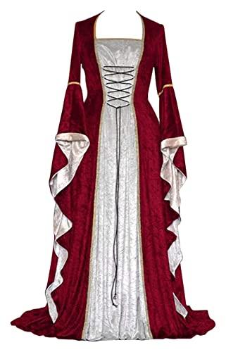 CosCool - Abito da donna in stile medievale con maniche a tromba, vestito lungo in stile rinascimentale, rétro, adatto per carnevale, Halloween, feste e come costume da principessa, colore: rosso, S