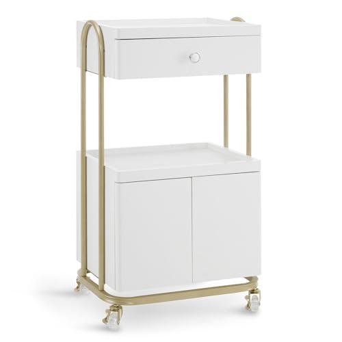 M MCombo - Carrello da servizio con rotelle e cassetto, carrello per salone bianco-oro, carrello per salone con 2 ripiani e armadio, carrello da lavoro moderno per bagno e soggiorno, 36x50x87cm, 0086
