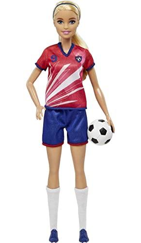 Barbie - Barbie Calciatrice Bambola, capelli biondi raccolti in una coda, divisa colorata con n. 9, pallone da calcio, scarpe con tacchetti, calzettoni, Giocattolo per Bambini 3+ Anni, HCN17