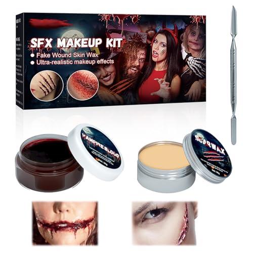 Horuili® Set Trucco per Halloween, Cera per Cicatrici+Sangue Finto per la Pelle+Doppio Raschietto, Trucchi Halloween Make up Kit, Kit Delle Ferite Finte Vampire Makeup