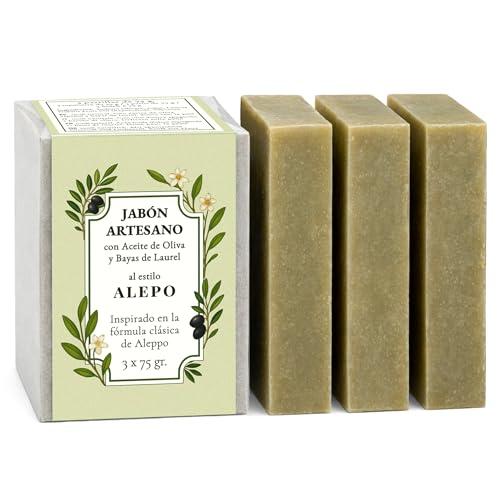 CABRERIZO SOAP Sapone di Aleppo puro Set 3x75g per pelli sensibili e acne – Aleppo Soap offre una detergenza delicata, Sapone solido viso naturale e artigianale con una schiuma leggera e piacevole