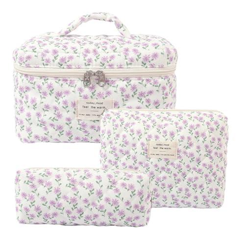 Aucuu Beauty Case, 3 Pezzi Floreale Grande Capacità per Il Trucco, Borsa da Toilette Trapuntata, Beauty Case da Viaggio Cotone Morbido, Beauty Trapuntato Grandei da Toilette Makeup Bag Organizer
