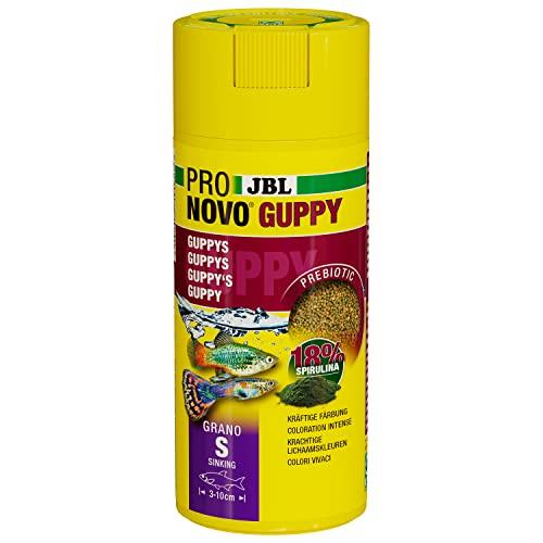 JBL PRONOVO GUPPY GRANO, mangime base per guppy e altri pesci ovovivipare da 3-10 cm, pellet per pesci, dosatore a clic, taglia S, 250 ml