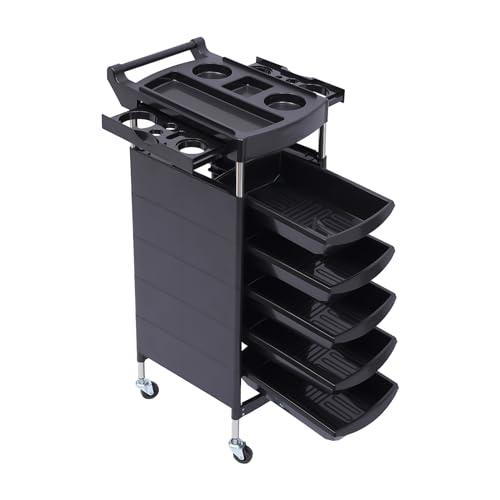 Carrello da parrucchiere con 5 cassetti e quattro ruote rotanti a 360°, 90 x 18 x 38 cm, colore nero