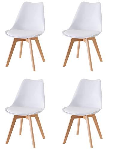 Baroni Home Set di 4 Sedie da Pranzo o Ufficio con Gambe in Legno, Sedia Ergonomica con Cuscino Integrato 57X48X79 cm Bianco