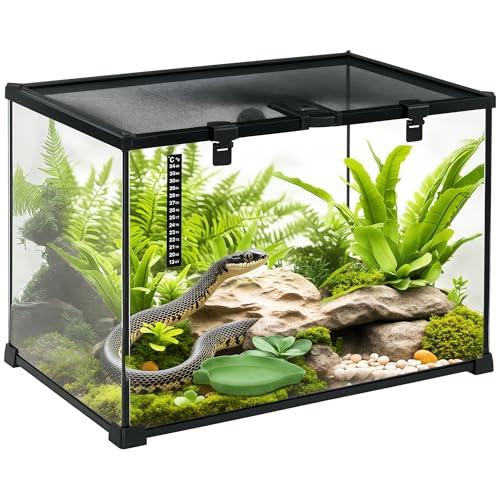 PawHut Terrario per Rettili Rialzato con Serratura e Porta per Alimentazione, Terrario per Tartarughe e Serpenti in Vetro Temperato e Rete Metallica, 50x30x35 cm, Nero