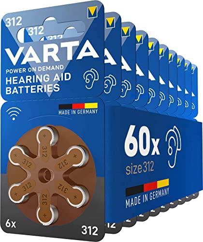 VARTA Batterie per apparecchi acustici tipo 312, 60 pezzi, marrone, pile Power on Demand, confezione economica, per amplificatore acustico, Made in Germany