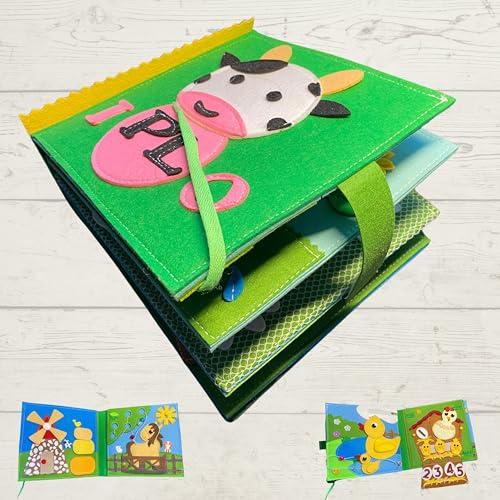 Libro Attività in Feltro Fattoria - IPLO® | Quiet Book | Busy Book | Libro sensoriale con burattino di Dito, Labirinto Bottoni, pecorine, anatre, cavalli, ecc.