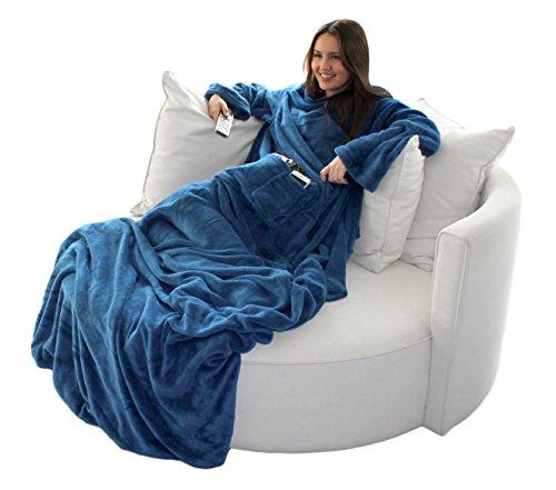Brandsseller, soffice coperta TV con maniche, in effetto cashmere, sacco copripiedi e 2 tasche per smartphone/telecomando e molto altro ancora, Fibra sintetica, Blu, 170 x 200 cm