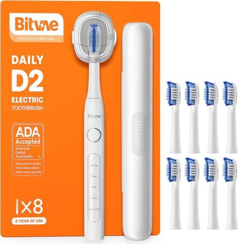 Spazzolino Elettrico Bitvae D2, Adulti e Bambini, Spazzolino Elettrico Ricaricabile con 8 Testine e 5 Modalità, Timer Intelligente, Portaspazzolino, Nero Lucido