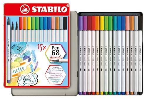 Pennarello Premium con punta a pennello - STABILO Pen 68 brush - Scatola in metallo da 15 - con 15 colori assortiti