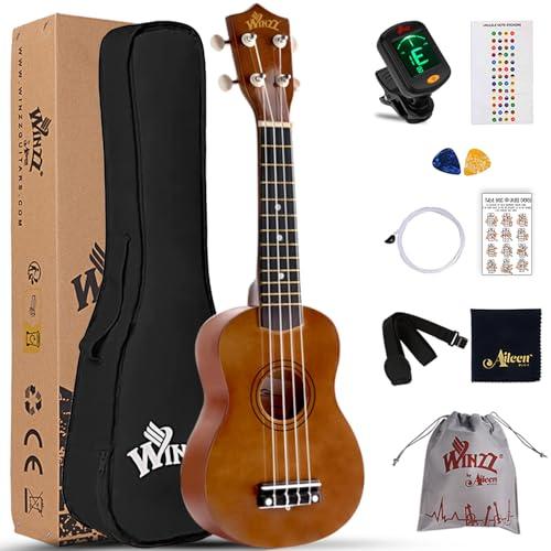 Winzz Ukulele Soprano Legno, Ukulele Bambini, Adulti 21 Pollici, Principianti Kit con 9 Accessori, Scuola Media (Colore: Marrone)