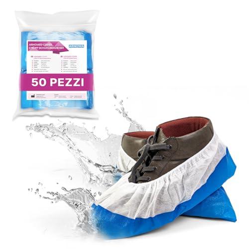ARNOMED Copriscarpe monouso in CPE + PP, calzari monouso usa e getta PP bianchi con suola CPE blu, 50 pezzi, copri scarpe da casa usa e getta taglia unica: 17x40cm, sovrascarpe monouso per cantiere