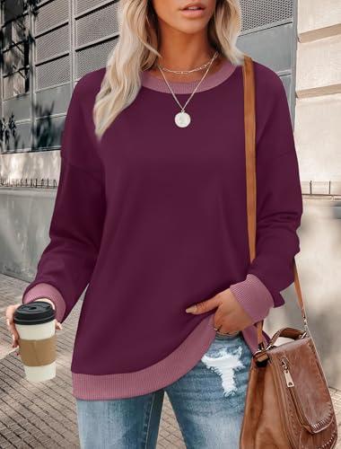 Felpe da donna girocollo a maniche lunghe vestibilità ampia top color block bordo a costine moda, Viola, XX-Large