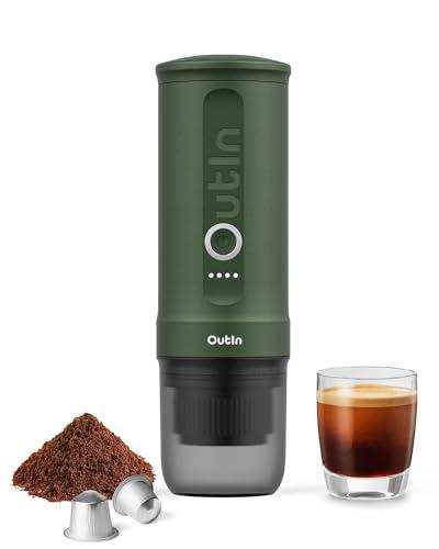OutIn Nano Macchina da caffè espresso elettrica portatile, caffettiera da viaggio per il campeggio, caffettiera da auto auto-riscaldamento con USB-C, con caffè macinato e capsula NS