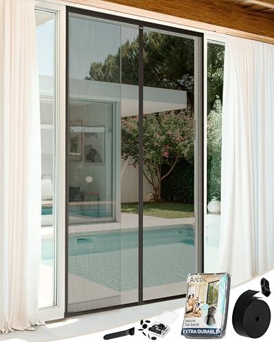 ARCOL Zanzariera Magnetica 92x212 cm Antigraffio in Vetroresina - Zanzariera Porta Finestra con 2 Set di Nastri Adesivi, 1 Extra per la 2a Stagione - Zanzariere Magnetiche Base con Pesi (Nero)