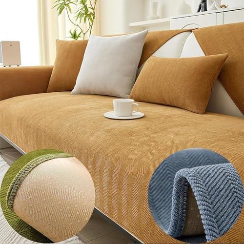Funny Fuzzy Herringbone Chenille Fabric Furniture Protector Couch Cover, Funnyfuzzy Sofa Cover, Simple Striped Chenille Anti-Scratch Sectional Couch Cover (Orange,Seat Cover--90*160cm/35*63in)