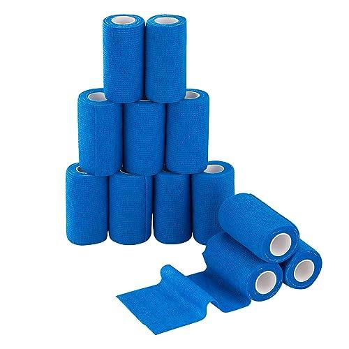 PHYTOP Benda Elastica Coesiva Blu 10cm x 4,5m, Garza Elastica Autoadesiva per Polso e Caviglia, 12 Rotoli - Ideale per Atleti e Animali Domestici