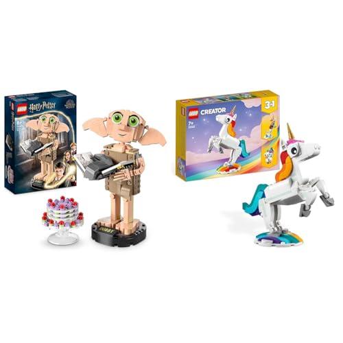 LEGO 76421 Harry Potter Dobby l'Elfo Domestico, Regalo per Ragazze, Ragazzi & 31140 Creator Unicorno Magico con Arcobaleno, Set 3 in 1 con Fantastici Animali Giocattolo
