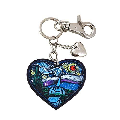 Portachiavi in pelle dipinta a mano – LA NOTTE STELLATA DI VAN GOGH, portachiavi cuore donna in vera pelle e acciaio, lavorazione artigianale Made in Italy, idea regalo