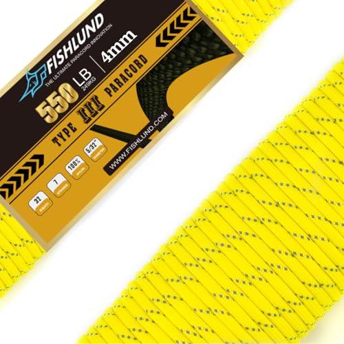 FISHLUND Paracord riflettente da 550 libbre, corda Paracord tipo III a 7 fili da 50 piedi e 4 mm, corda da paracadute in nylon per campeggio, Giallo neon