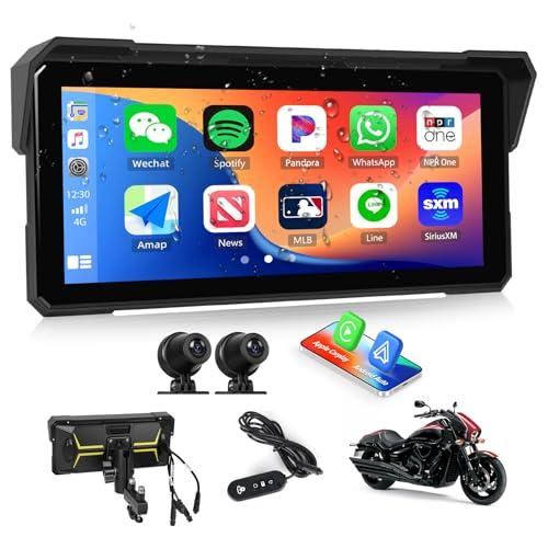 CAMECHO Wireless Carplay Moto Schermo per Moto, 8.1 pollici Navigatore moto con Doppia Telecamera AV/AR IP68, CarPlay & Android Auto Senza Fili, Bluetooth | HD 1600x600, Montaggio Universale​​