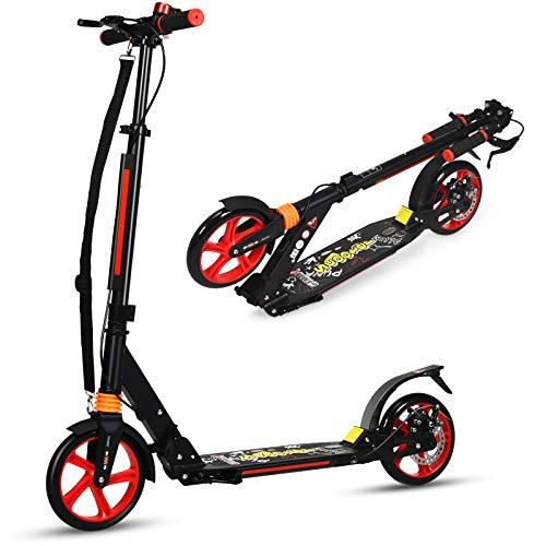 GYMAX Monopattino Spinta per Bambini 8+ Anni, Pieghevole e Portatile, Regolabile a 3 Altezze 86,5-101 cm, Manubrio con Campanello e Freno, in Alluminio, Grandi Ruote di 20 cm, Carico di 100 kg, Nero