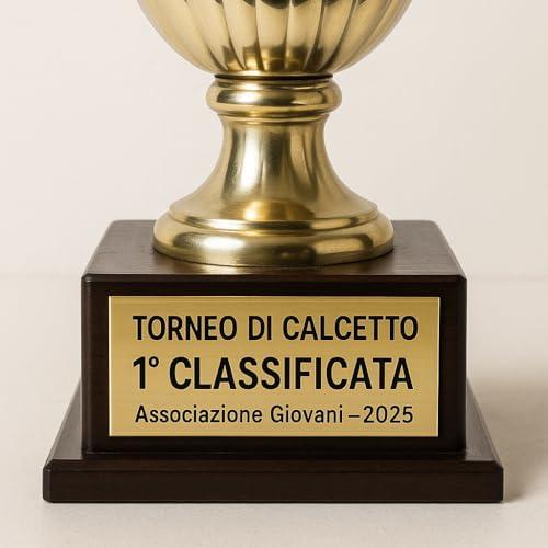 Targhetta per Trofei e Coppe in laminato plastico Oro o Argento, incise a Laser, testi e misure personalizzabili, con Biadesivo 3M