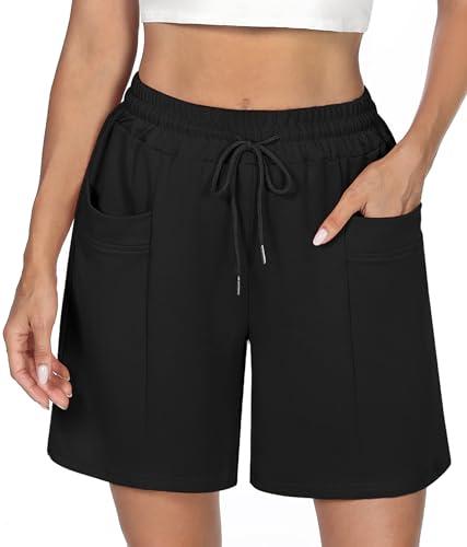 Demegimi Pantaloncini Sportivi Running Donna a Vita Alta Pantaloncini Donna Palestra in Cotone Estivi con Tasche per Fitness Yoga Jogging