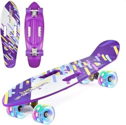 ERNAN Skateboard 22in Mini Cruiser Skateboard Completo retrò per bambini, ragazzi, adolescenti, adulti, principianti, ruote luminose a LED,carico massimo 99,8 kg (Purple line)