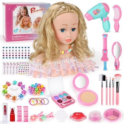 BuzzoXerex Testa Bambola da Truccare e Pettinare, 58 Pezzi Testa da Pettinare Bambina, Bambola da Truccare Regalo di Compleanno, Natale per Bambini a Partire Dai 3 Anni (Rosa)