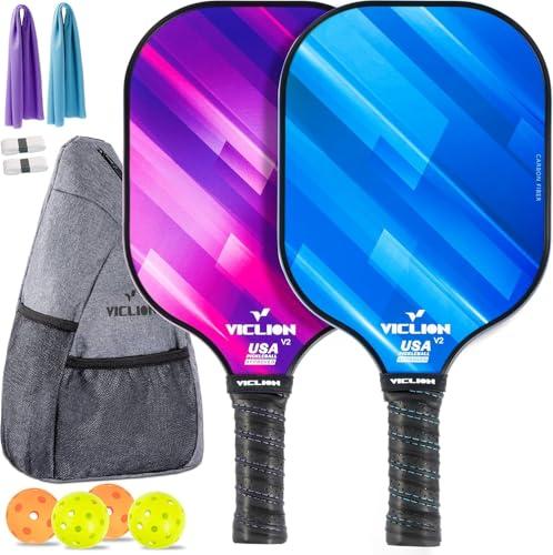Pickleball Paddles, Set da 2 Racchette da Pickleball in Fibra di Carbonio Approvate da USAPA, con 4 Palline e 1 Borsa, Leggero per Principianti (Blu & Viola)
