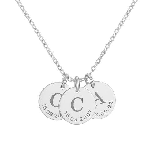 Generico Collana Personalizzata con Disco Inciso – Oro o Argento – 1, 2 o 3 Dischi con Iniziali e Date – Gioiello Regalo Donna, Uomo, Coppia, Amicizia (Argento - 3 dischi)