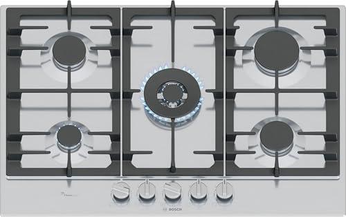 Bosch PCQ7A5I90 Serie 6, Piano cottura a gas, FlameSelect, Manopole magnetiche removibili, WOK, griglie in ghisa, Acciaio, 75 cm