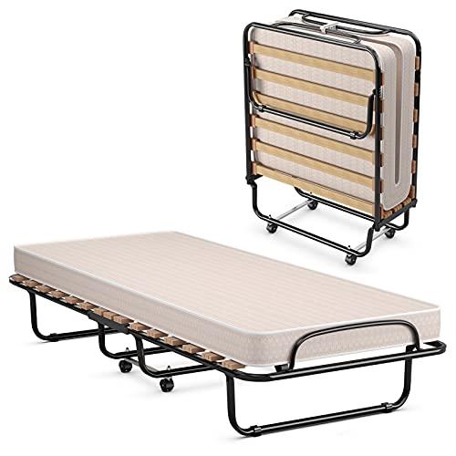 COSTWAY Brandina Pieghevole con Materasso, in Memory Foam, Struttura Resistente e 4 Ruote Girevoli, Lettino Pieghevole per Casa Ufficio, 190x80x33 cm (Beige)