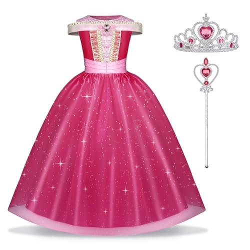 URAQT Costumi Principessa Aurora, 3 PCS Vestito Aurora Bambina Bella Addormentata Costume con Accessori, Ragazza Abiti Principessa Aurora Abito Principessa Rosa da Carnevale Halloween(120cm)