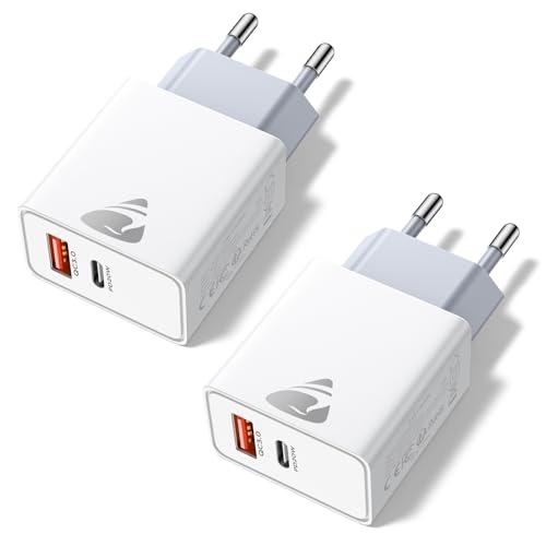 Caricatore USB C, 2 Pezzi Caricabatterie Rapido 20W, 2Porto Presa USB Caricatore Multiplo PD & QC3.0 Carica Cellulare, Spina Tipo C Alimentatore per iPhone 17 16 15 Samsung, Spinotto Muro Adattatore
