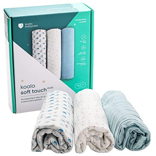 Koala Babycare - Mussole Neonato Cotone 100% - 3 Pz 80x80cm - Ideale come Regalo Neonati - Blu
