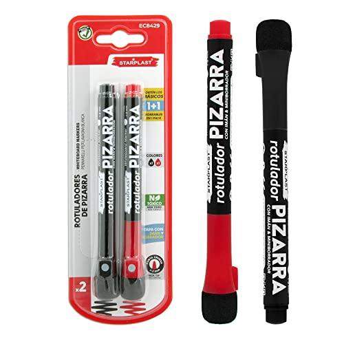 Starplast PACK 2 MARCATORI PER LAVAGNA Marcatore Brochin, punta rotonda 2.0mm con gomma e magnete 1 Nero + 1 Rosso.