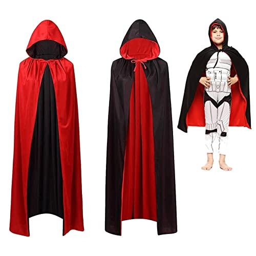 Mantello per costume di Halloween, mantello da vampiro con cappuccio, mantello con cappuccio reversibile nero rosso, mantello con cappuccio per bambini e adulti di Halloween (90 cm)
