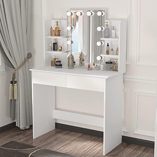 WOLTU Toeletta da Trucco con 10 Luci LED Hollywood, Tavolo da Trucco  Moderno con Specchio, Postazione Make-up con Mensole Aperte e 2 Cassetti,  90x40x135cm, in Legno, Bianco, MB6096ws