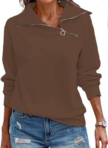 Cuptacc Felpa Donna Casual Tinta Unita Cotone Pullover Donna Elegante Mezza Zip Scollo a V Autunno Inverno Tops Marrone, X-Large XL 46-48