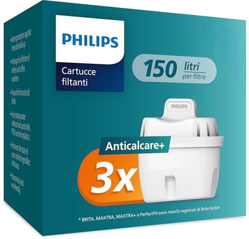 Philips Water Cartucce filtranti di ricambio Anticalcare+, confezione da 3, RIDUZIONE DEL CALCARE FINO AL 50% IN PIÙ, filtra cloro, microplastiche e altri contaminanti, Compatibile con Brita*