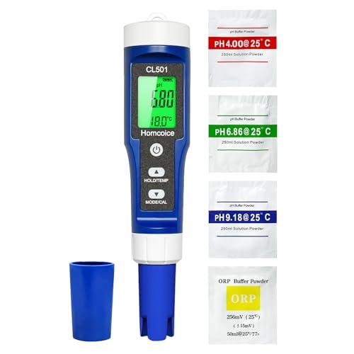 Homcoice Misuratore pH Cloro Piscina 5 in 1, misurazione accurata pH Cloro ORP H₂ (ricco di idrogeno) Temperatura Meter, Tester Qualità Acqua per acqua potabile, acquario, idroponica
