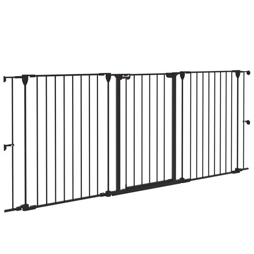PawHut Cancelletto per Cani a 3 Pannelli Pieghevoli con Doppio Sistema di Blocco, Cancelletto di Sicurezza in Acciaio e Plastica, 206x90cm, Nero