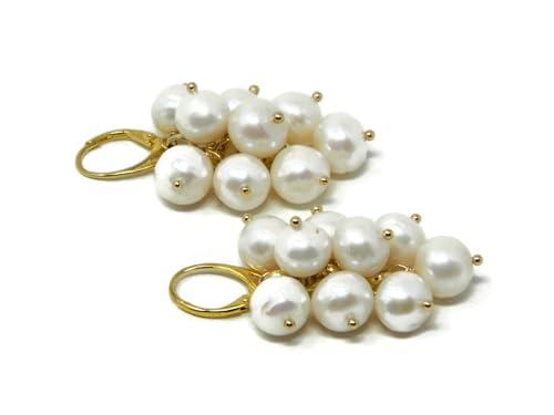 Orecchini Pendenti DodiGioielli con Perle di Fiume Bianche 10 mm, Grappolo, Placcato Oro, 5 cm
