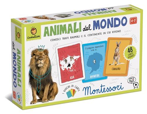 Ludattica - GIOCHI MONTESSORI - Gioco di carte Animali del mondo - gioco di carte 4-7 anno per conoscere tanti animali e il continente in cui vivono - Made in Italy