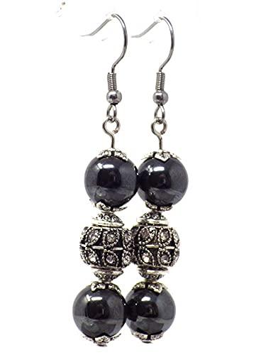 Orecchini in acciaio con perle nere ematite, e perline con cristalli