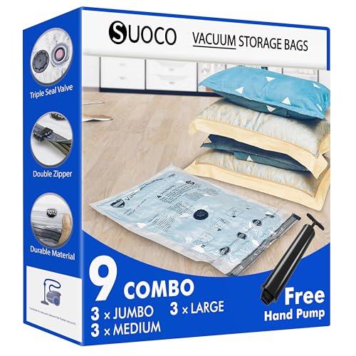 SUOCO Sacchi Sottovuoto con Pompa Manuale, 3 Jumbo, 3 Large e 3 Medium, Buste Sottovuoto per Vestiti, Piumoni e Viaggi, Ideali per Organizzazione